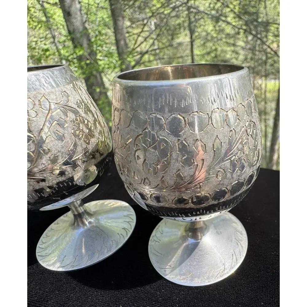 2 Etched Silver Tone Goblets Cups India Wedding Celebration EUC -A50